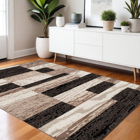 12' Black Brown And Beige Patchwork Runner Rug